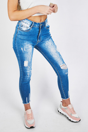 Blue Denim Frayed Hem Distressed Skinny Jeans - Tristen