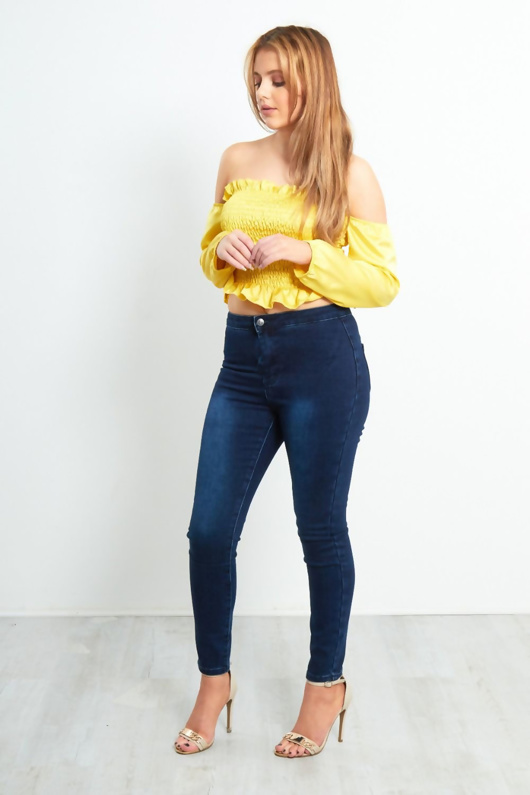 shirred ruffle hem bardot top