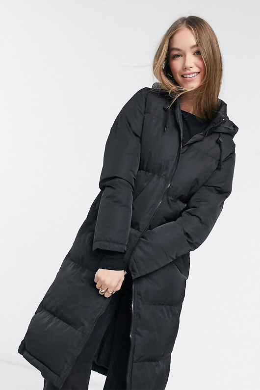 black longline hooded puffer coat