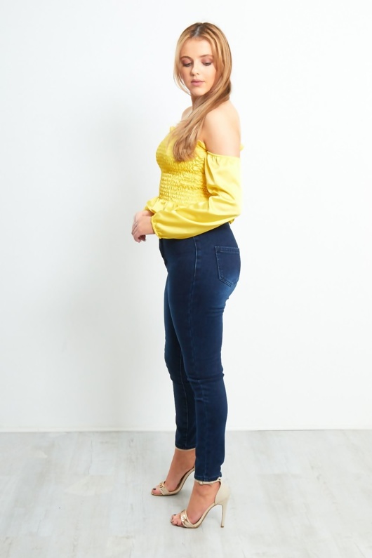 shirred ruffle hem bardot top