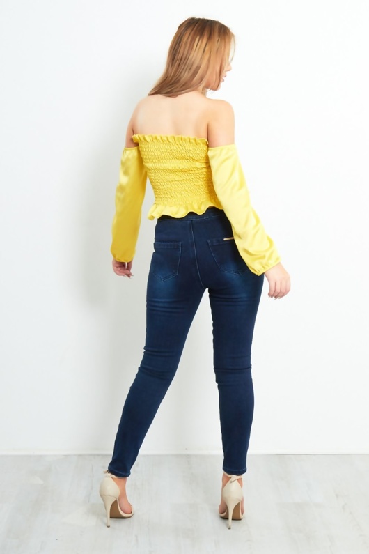 shirred ruffle hem bardot top