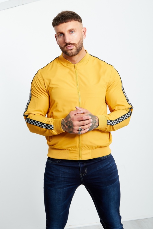 Mens Mustard Chequerboard Sleeve Tape Detail Bomber Jacket JYO