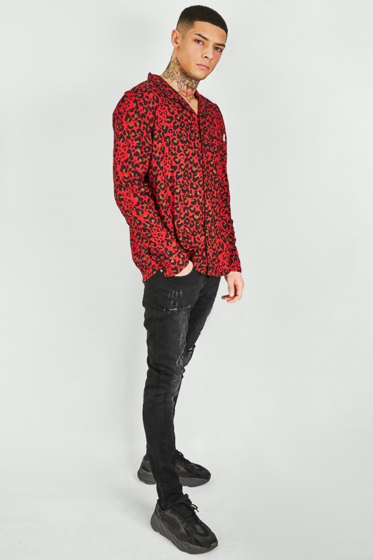 Mens Red Leopard Print Piping Detail Shirt justyouroutfit