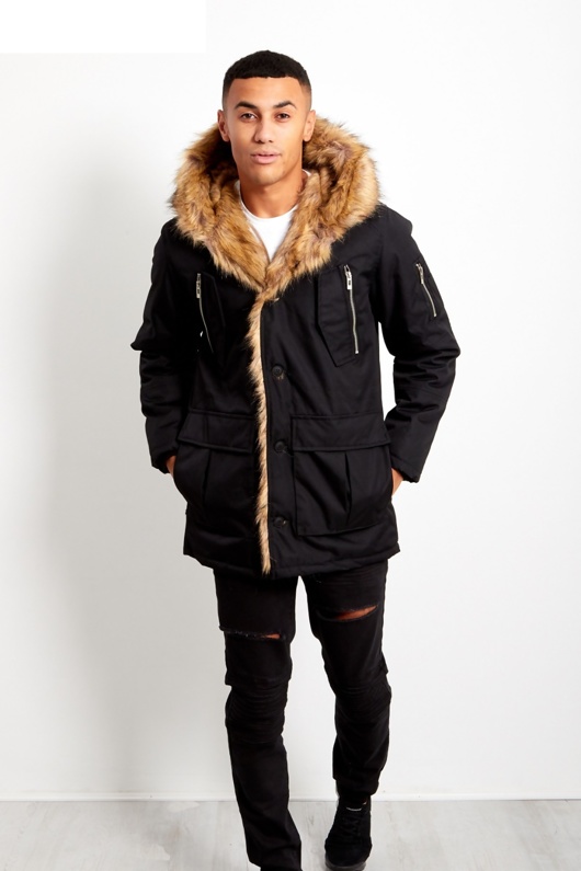 Mens Black Oversized Faux Fur Hooded Parka Coat Mens Black Oversized Faux Fur Hooded Parka Coat