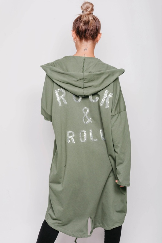 Khaki Sequin Rock And Roll Hooded Cardigan | justyouroutfit