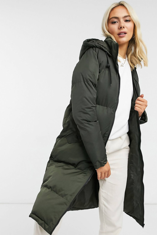 khaki longline puffer jacket