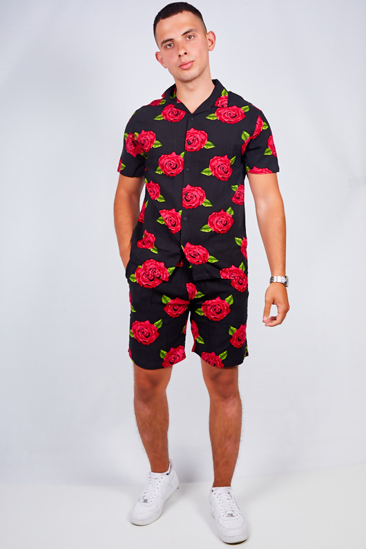 Mens Black Rose Print Shirt And Shorts Set justyouroutfit