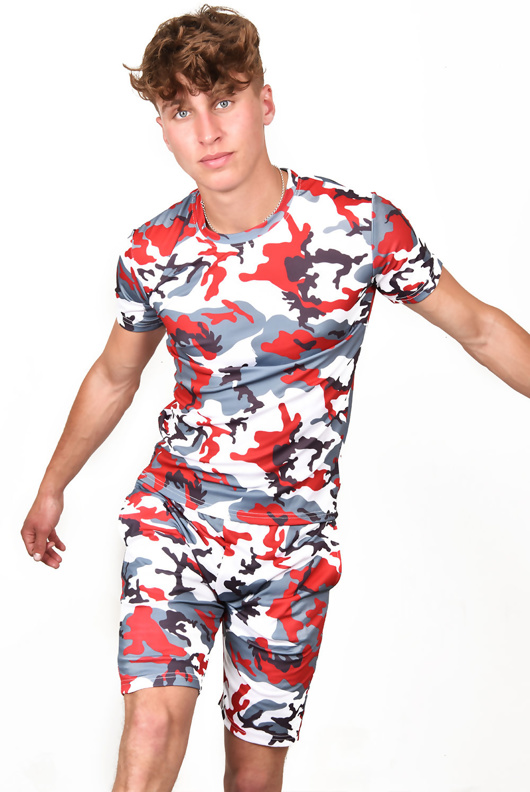 Mens Red Crew Neck Camo Printed Short Set