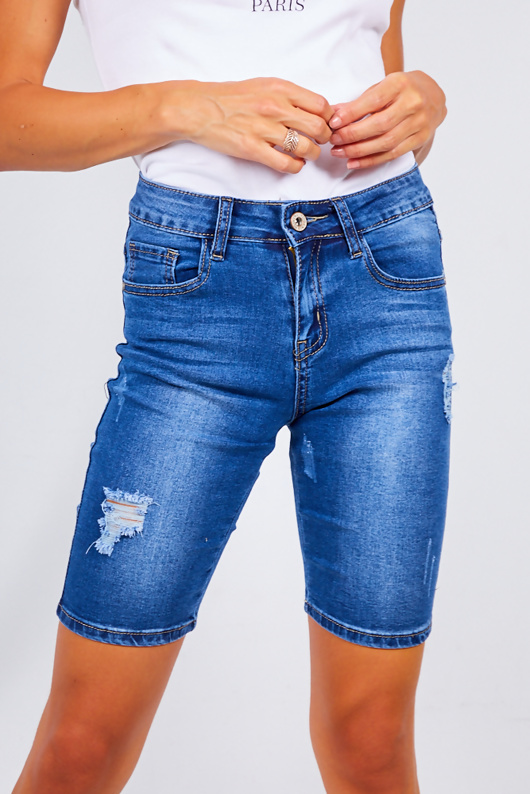 distressed denim cycling shorts