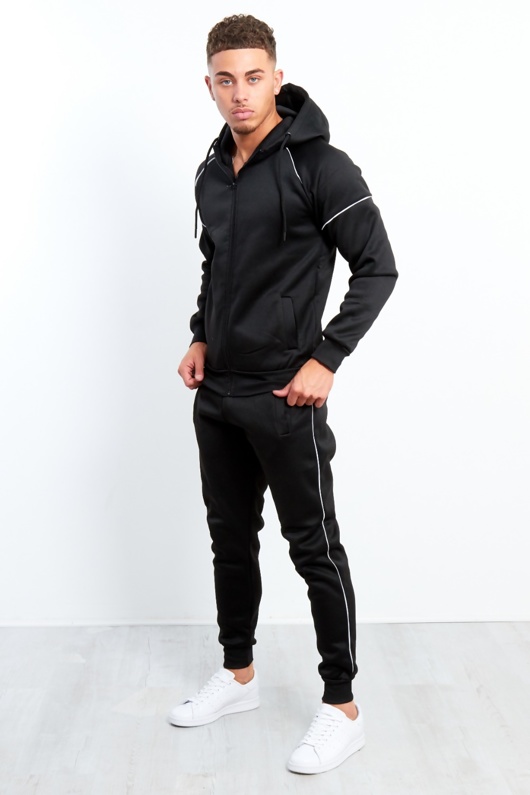 Mens Black Zip Through Piping Hooded Tracksuit | justyouroutfit