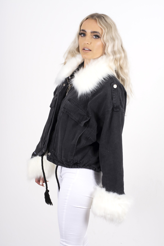 denim fur jacket black