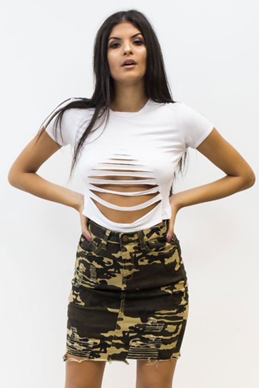 distressed camo skirt