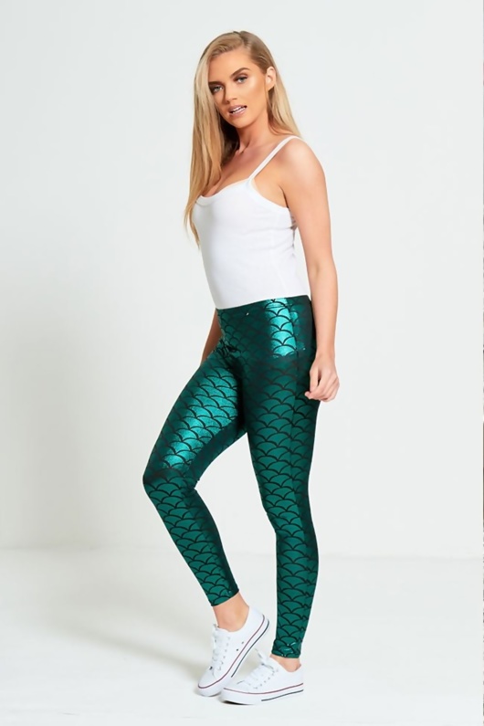 Green Mermaid Print Shiny Leggings justyouroutfit