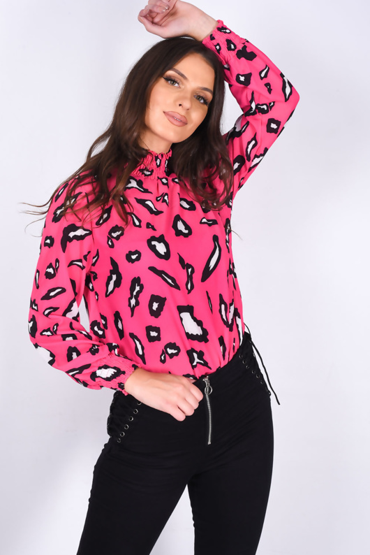 Hot Pink Leopard Print Long Sleeve Shirred Neck Blouse | JYO