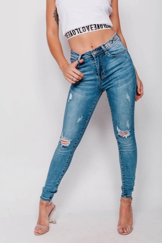 Light Denim Embroidered Ripped Skinny Jeans justyouroutfit