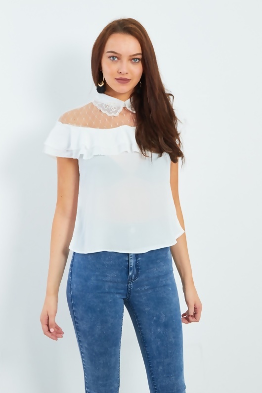 White Pearl Embroidery Collar Frill Blouse
