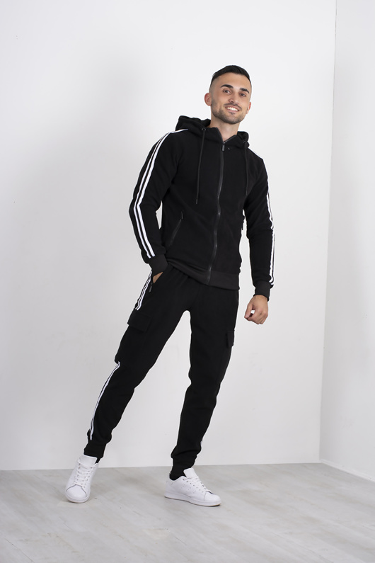 black tracksuit with white stripe